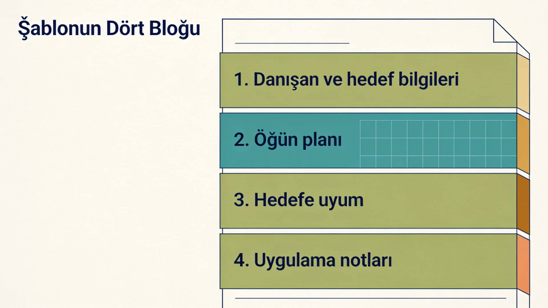 Diyet programı şablonunun danışan bilgisi, öğün planı, hedefe uyum ve uygulama notları bloklarını gösteren şema