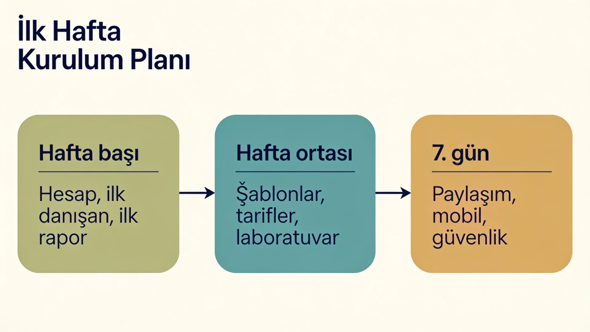 Diyetisyen programı kurulumunda hafta başı, hafta ortası ve yedinci gün yapılacakları özetleyen üç bloklu plan