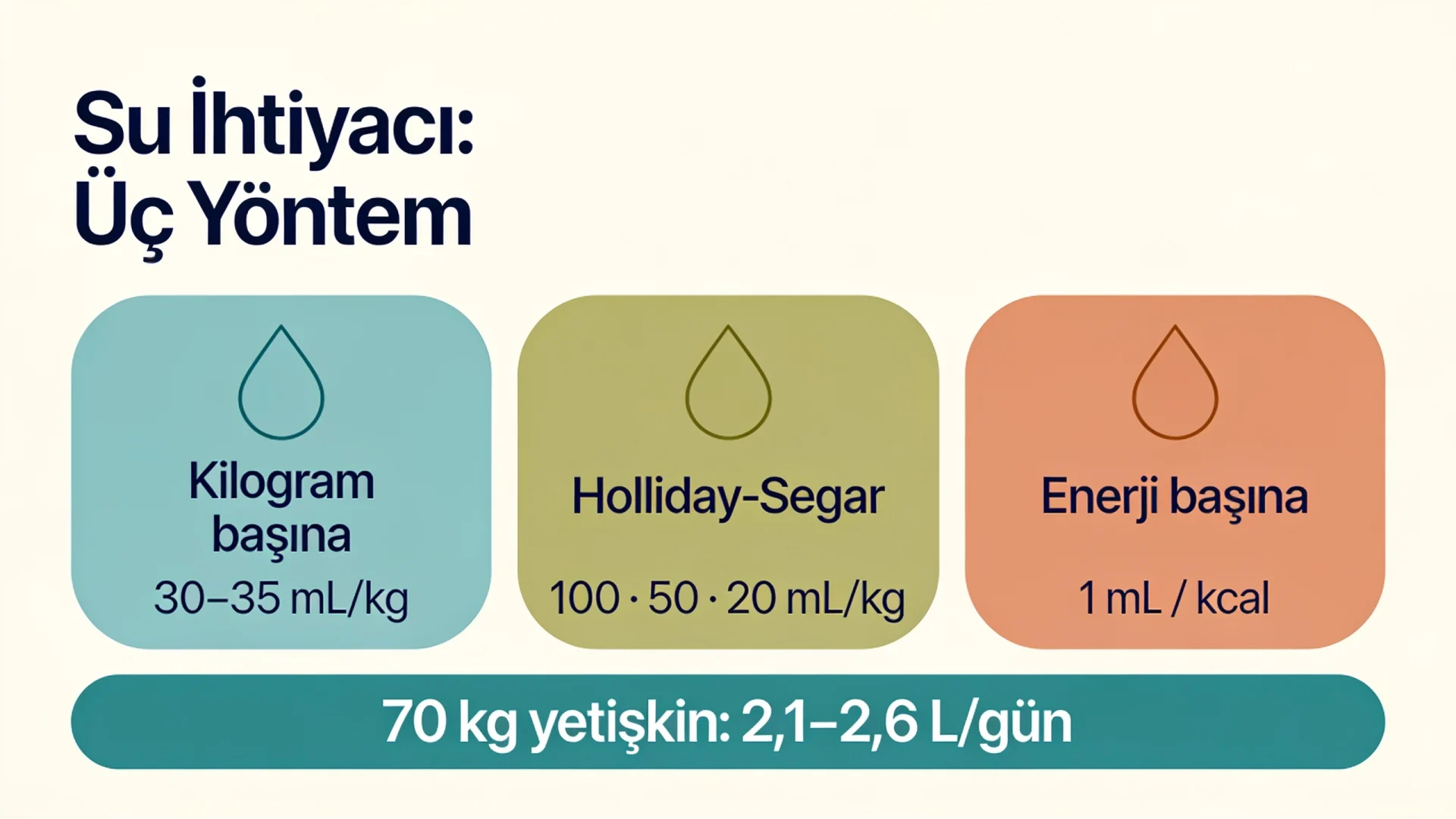 Günlük su ihtiyacı hesaplama yöntemleri şeması: kilogram başına, Holliday-Segar ve enerji başına formüller