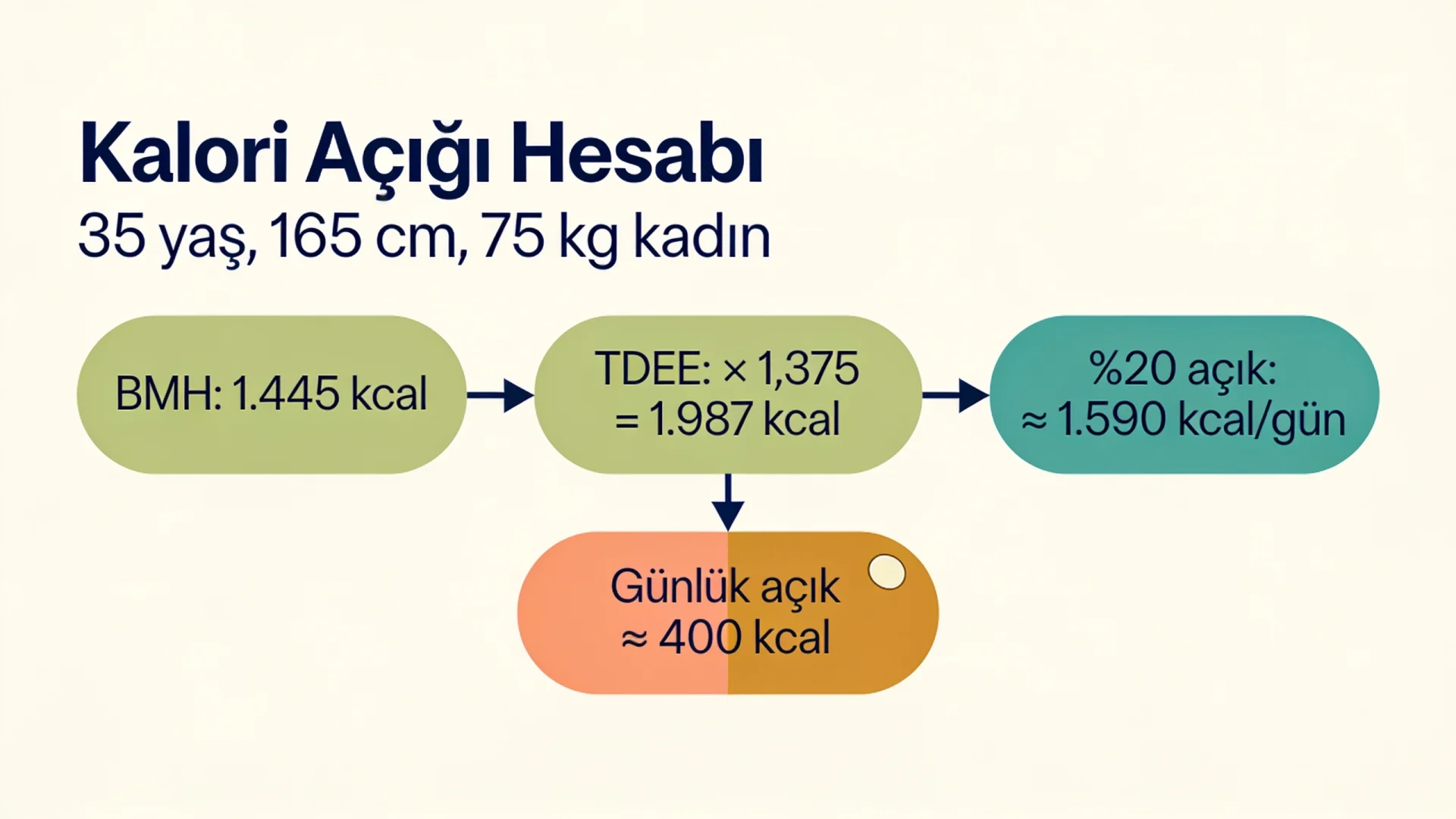 Kalori açığı hesaplama örneği şeması: BMH, aktivite katsayısıyla TDEE ve yüzde 20 açıkla günlük kalori hedefi