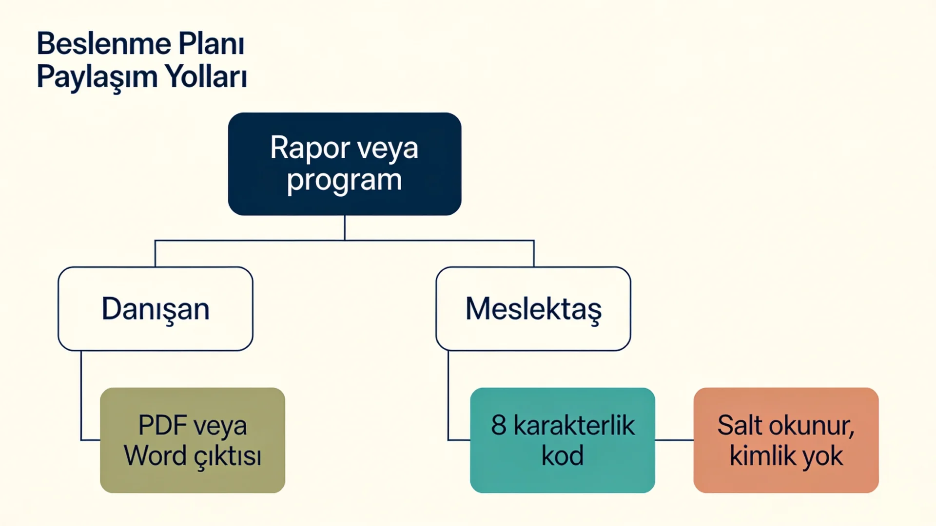 Beslenme planı paylaşma şeması: danışana PDF veya Word çıktısı, meslektaşa salt okunur 8 karakterlik paylaşım kodu
