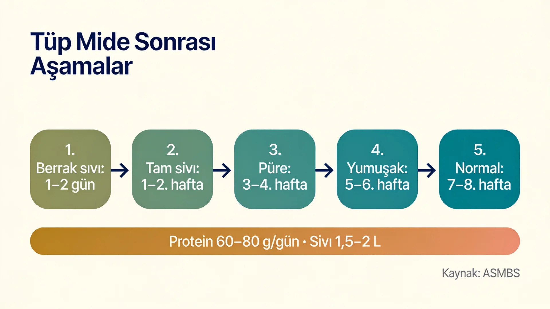 Tüp mide sonrası beslenme aşamaları şeması: berrak sıvı, tam sıvı, püre, yumuşak ve normal kıvam ile protein hedefi