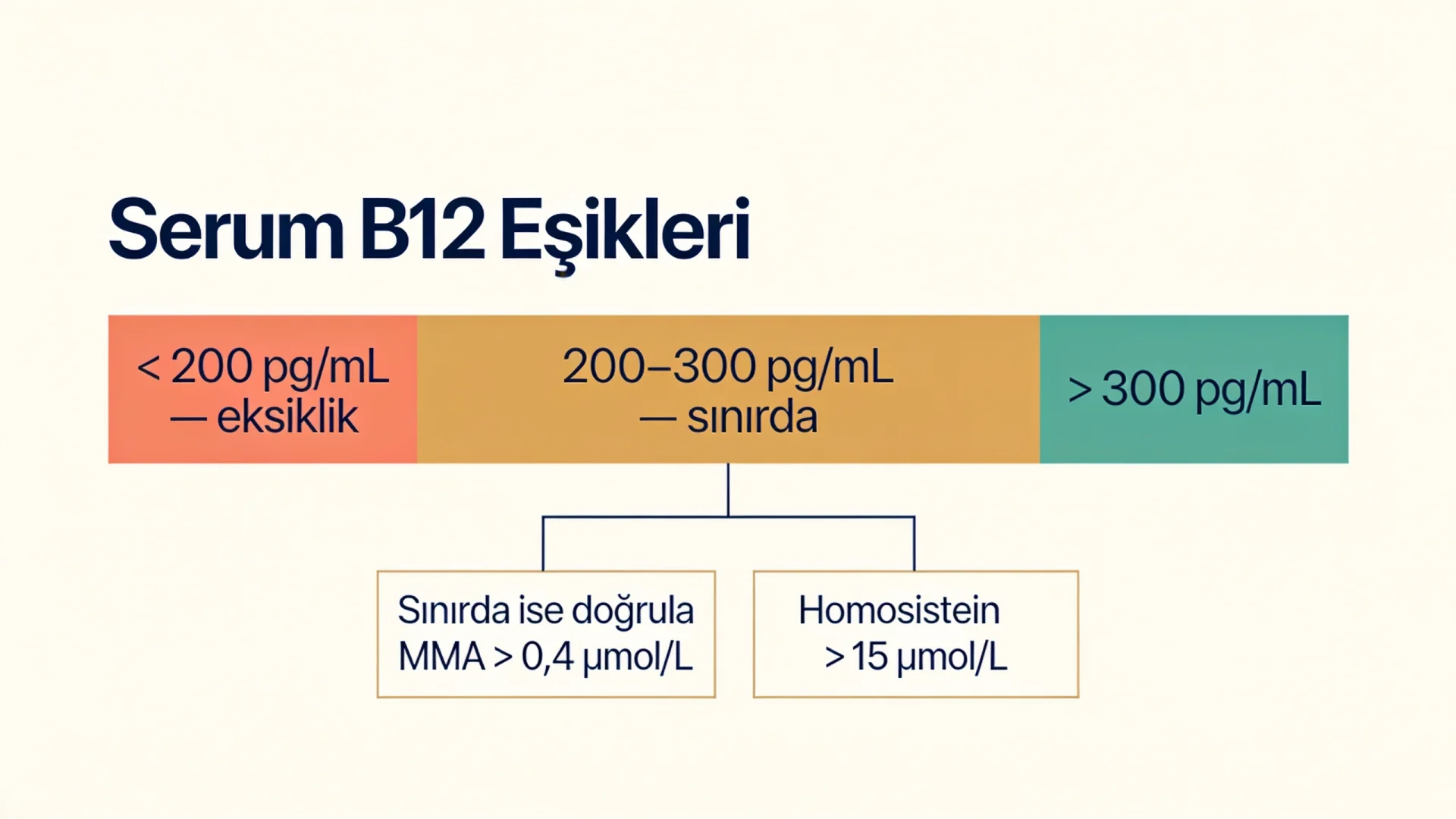 B12 eksikliği için serum B12 eşiklerini ve sınırda değerde MMA ile homosistein doğrulamasını gösteren şema