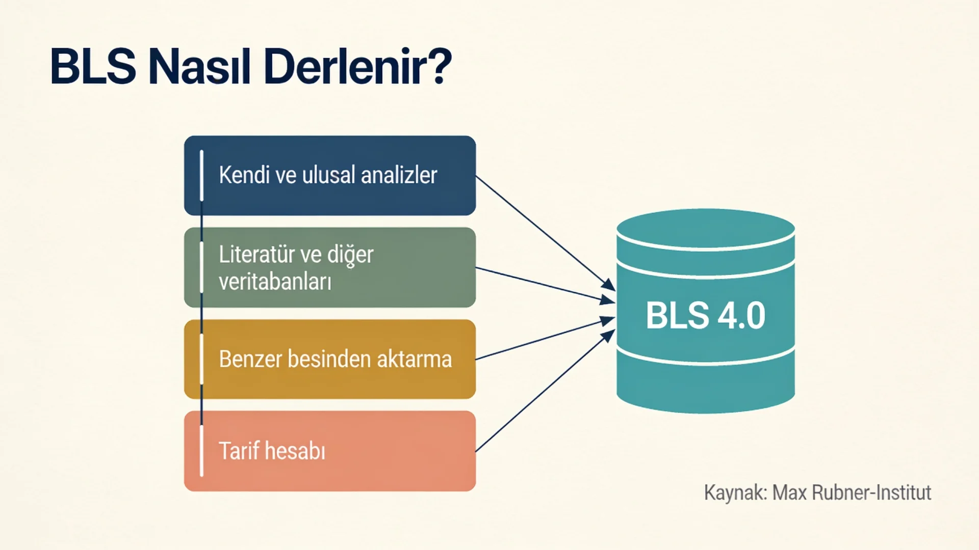 BLS besin veritabanının analiz, literatür, aktarma ve tarif hesabından nasıl derlendiğini gösteren akış şeması