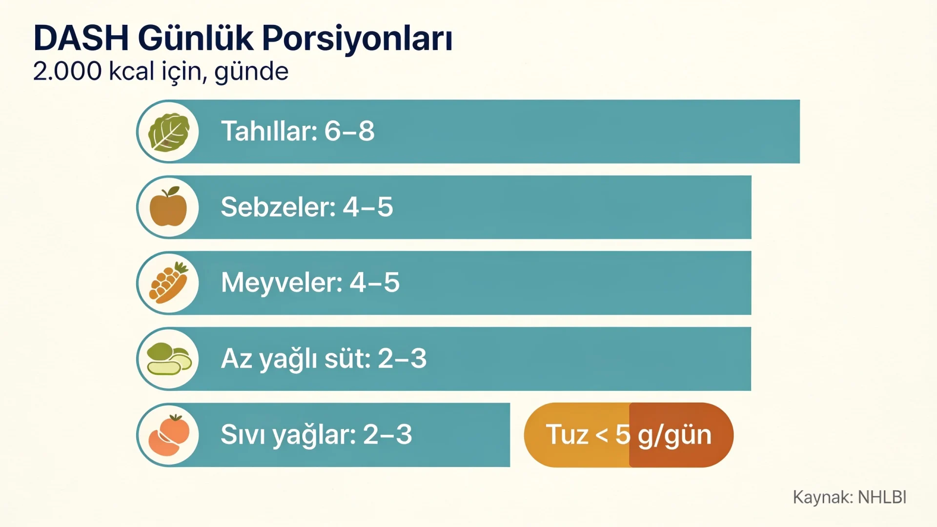 DASH diyeti günlük porsiyon şeması: tahıl, sebze, meyve, az yağlı süt, sıvı yağ ve günlük tuz sınırı